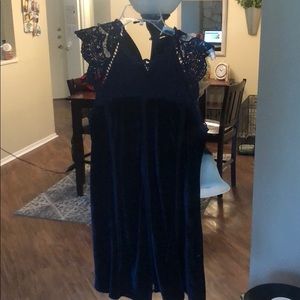 Navy Velvet Dress with Crochet Detail - S